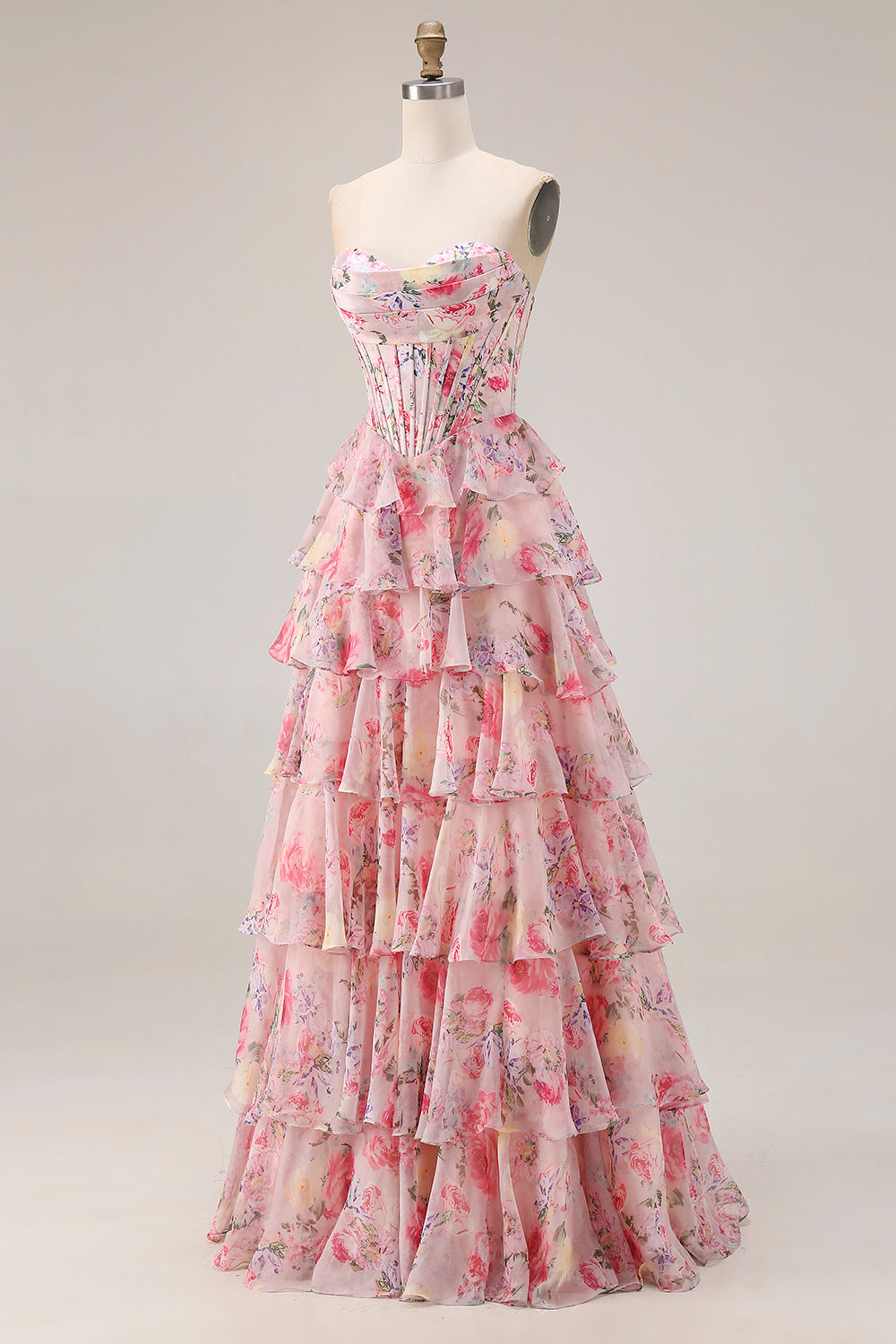 Floral Pink Tiered A Line Sweetheart Long Corset Prom Dress