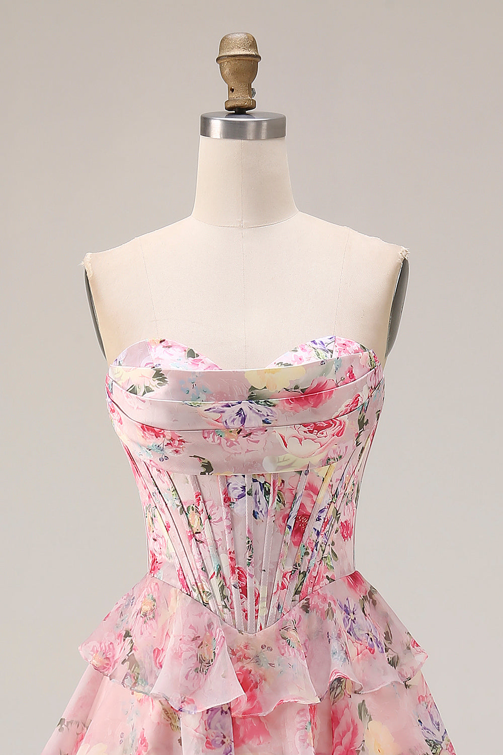 Floral Pink Tiered A Line Sweetheart Long Corset Prom Dress