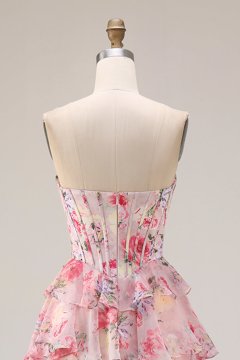 Floral Pink Tiered A Line Sweetheart Long Corset Prom Dress