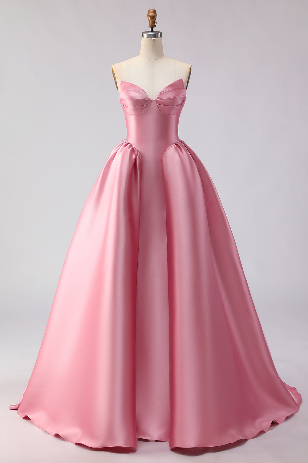 Pink Satin Strapless A Line Long Prom Dress