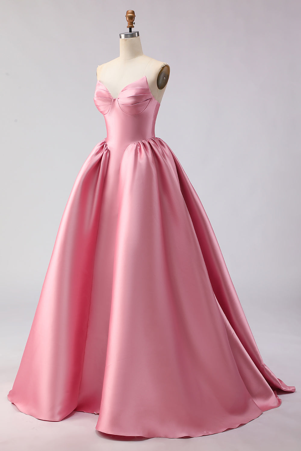 Pink Satin Strapless A Line Long Prom Dress