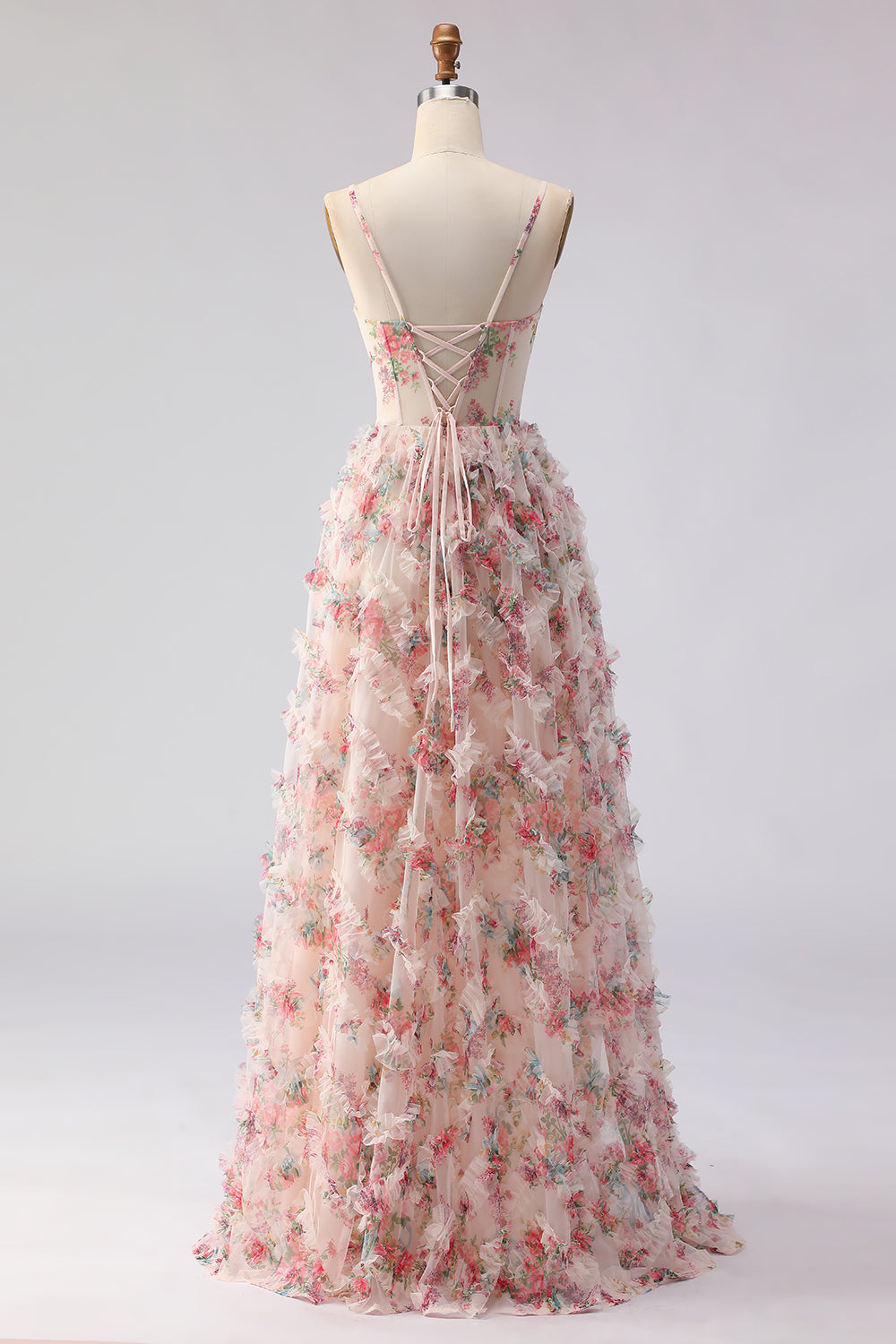 Light Pink Spaghetti Straps A Line Long Floral Prom Dress with Ruffles