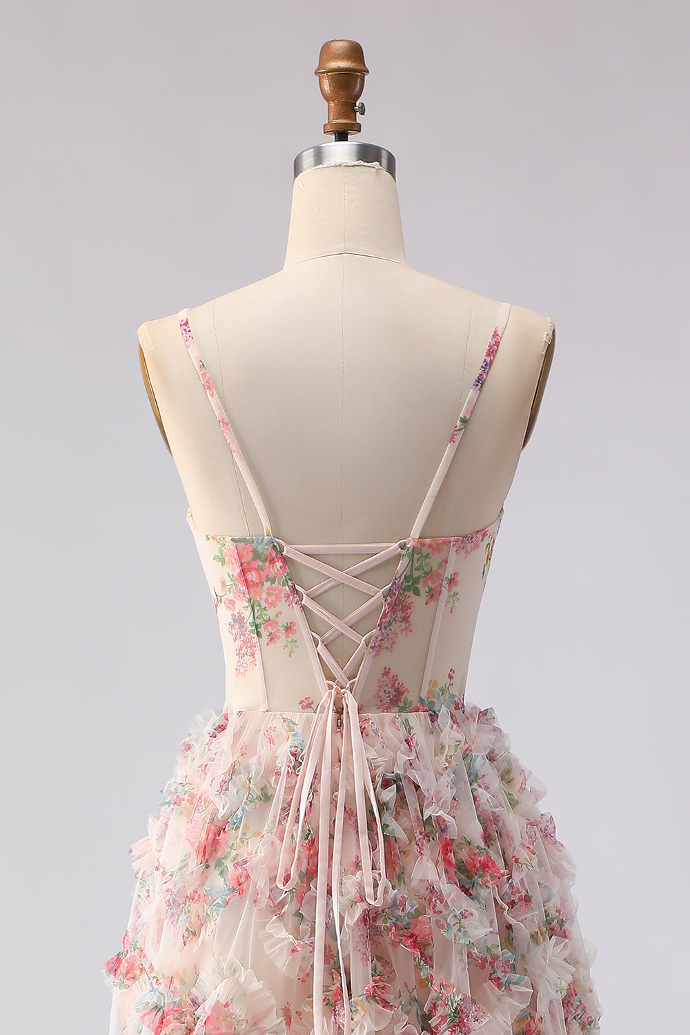 Light Pink Spaghetti Straps A Line Long Floral Prom Dress with Ruffles