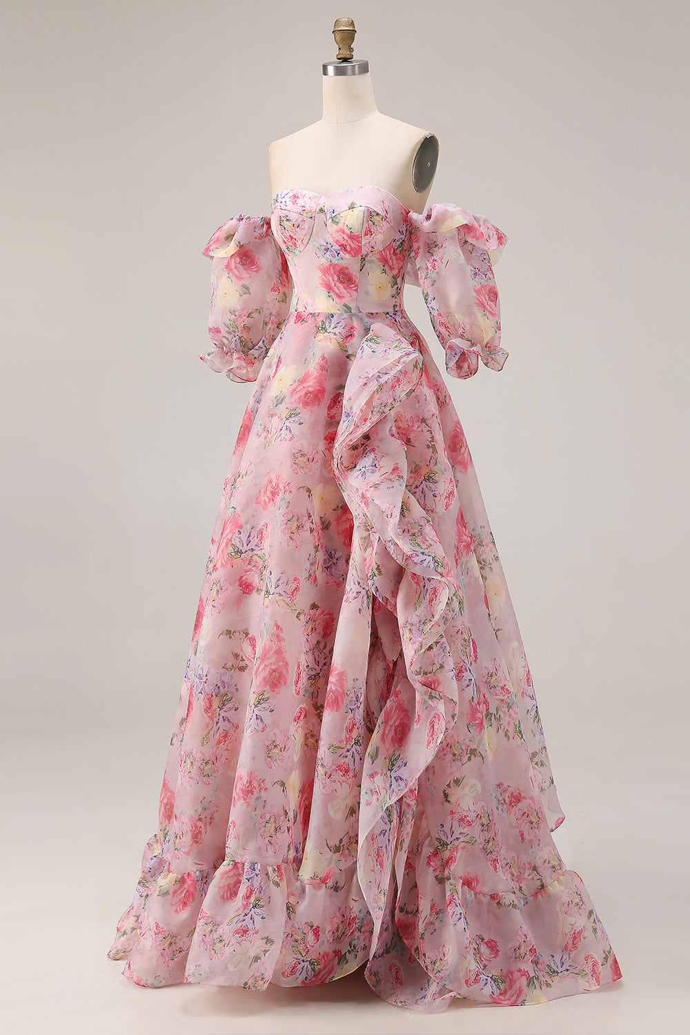 Floral Pink Off the Shoulder A Line Long Prom Dress with Ruffles