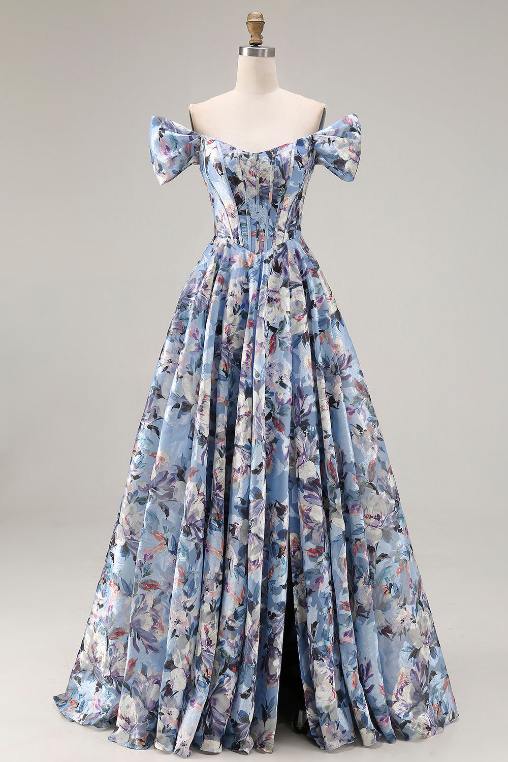 Floral Blue Off the Shoulder Corset Long Prom Dress with Slit