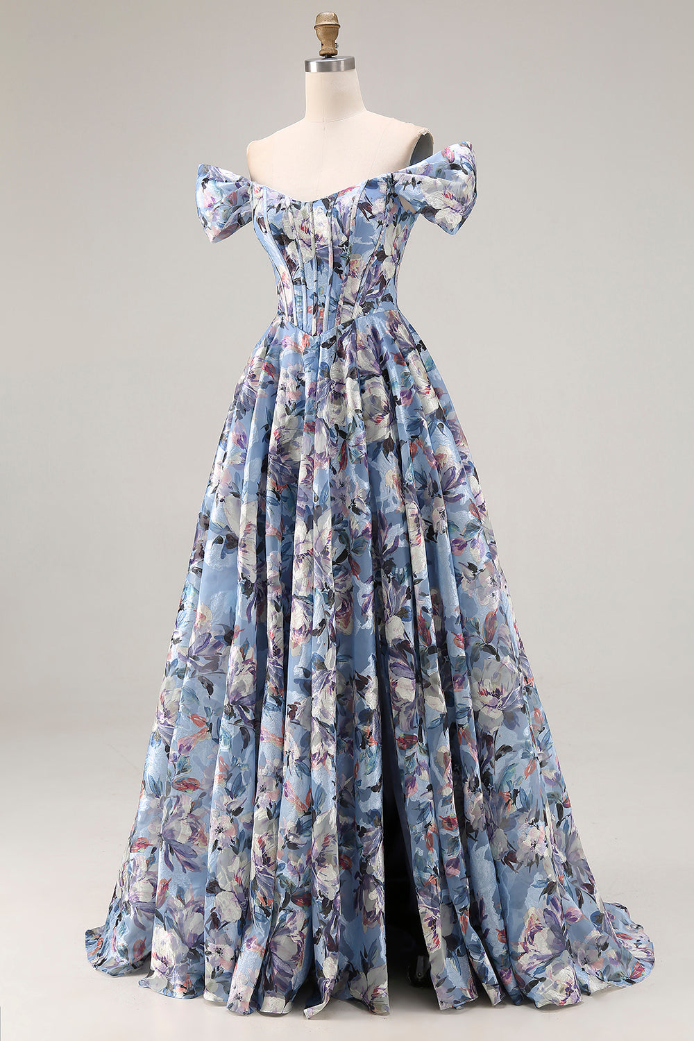 Floral Blue Off the Shoulder Corset Long Prom Dress with Slit