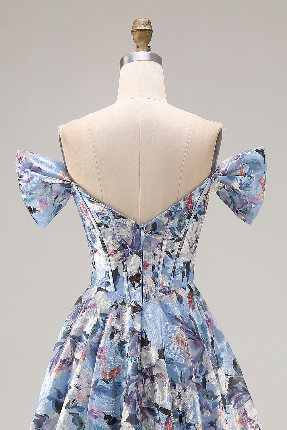 Floral Blue Off the Shoulder Corset Long Prom Dress with Slit