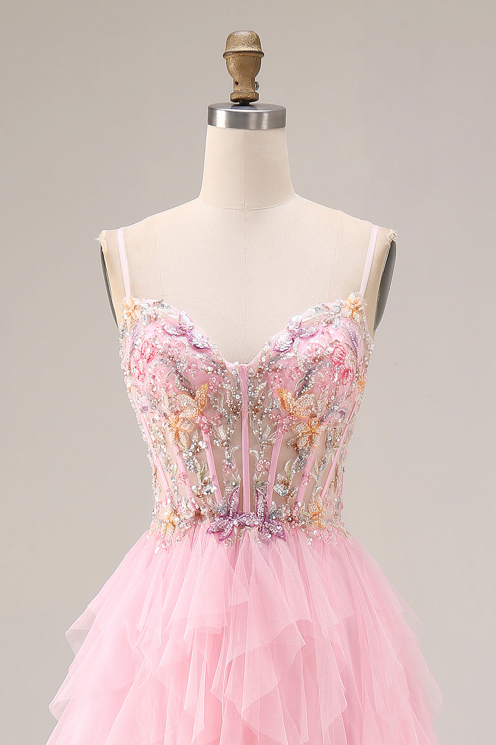Sparkly Pink Beaded Corset A Line Long Prom Dress with Slit