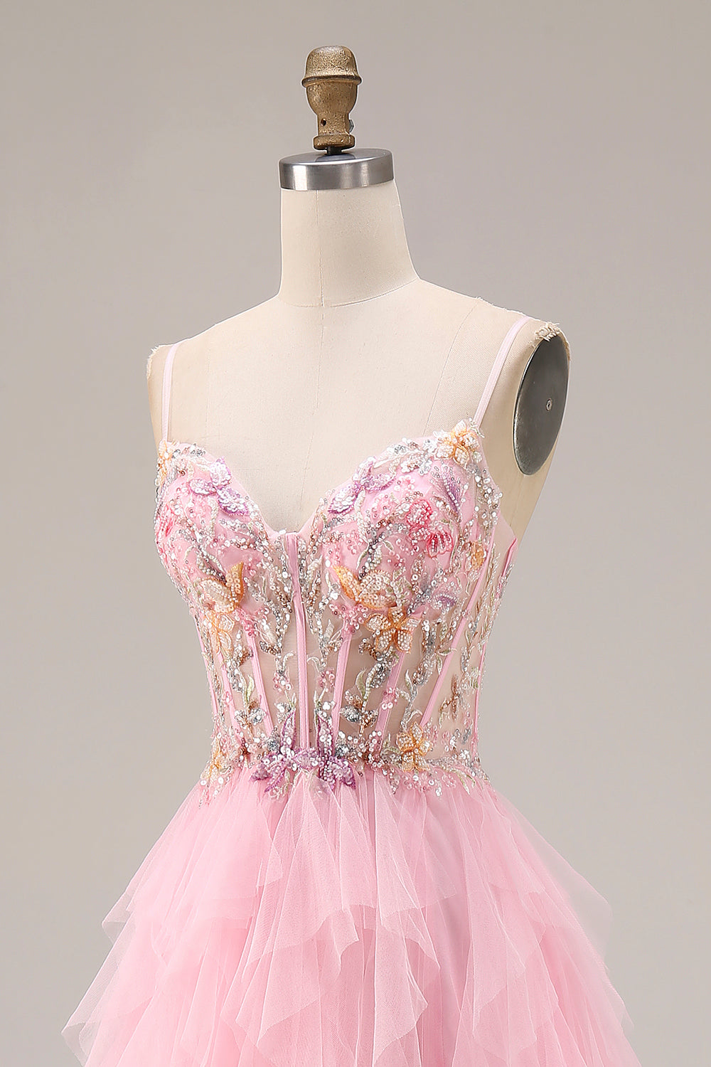 Sparkly Pink Beaded Corset A Line Long Prom Dress with Slit