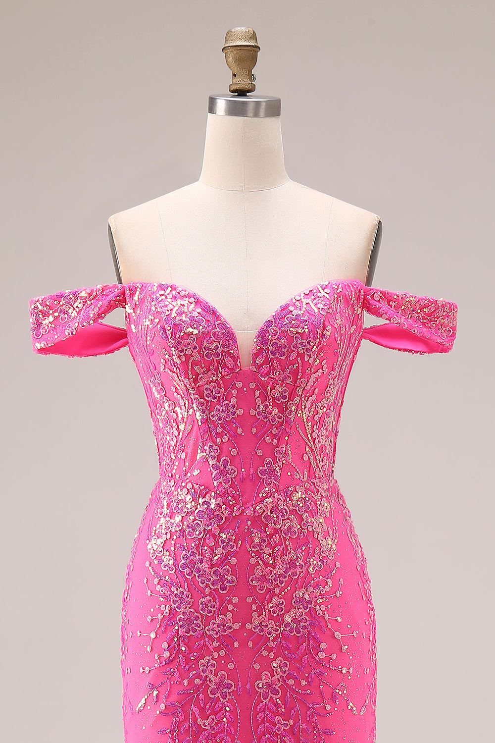 Sparkly Floral Fuchsia Off the Shoulder Mermaid Long Prom Dress with Cape