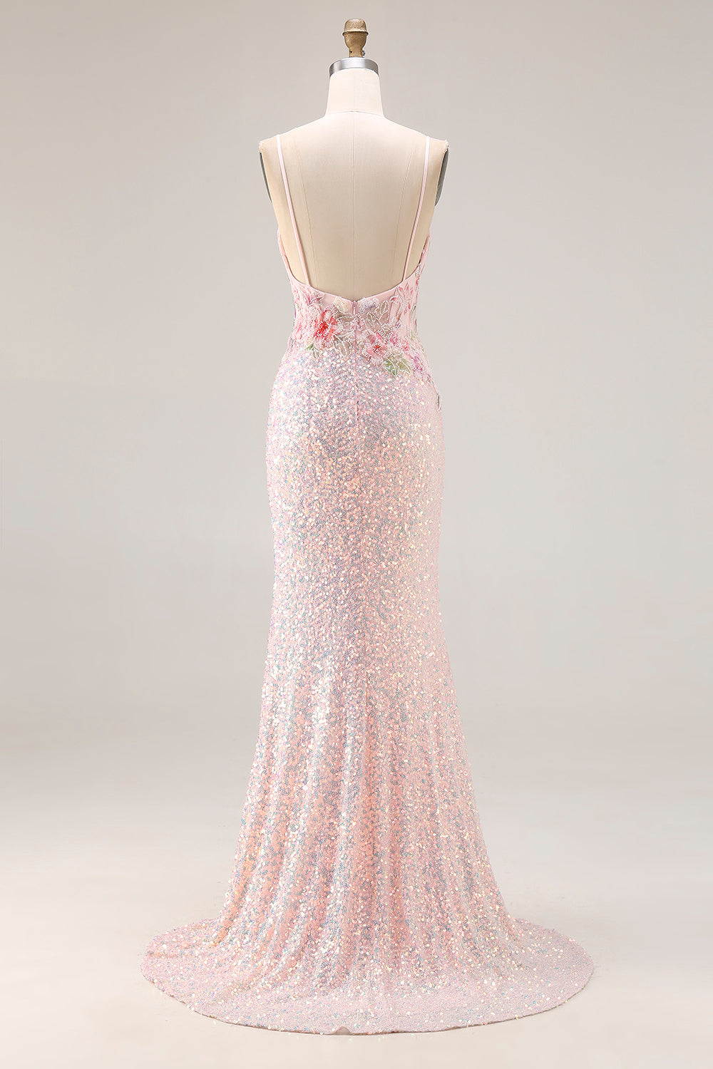 Sparkly Pink Floral Sequins Mermaid Spaghetti Straps Corset Long Prom Dress