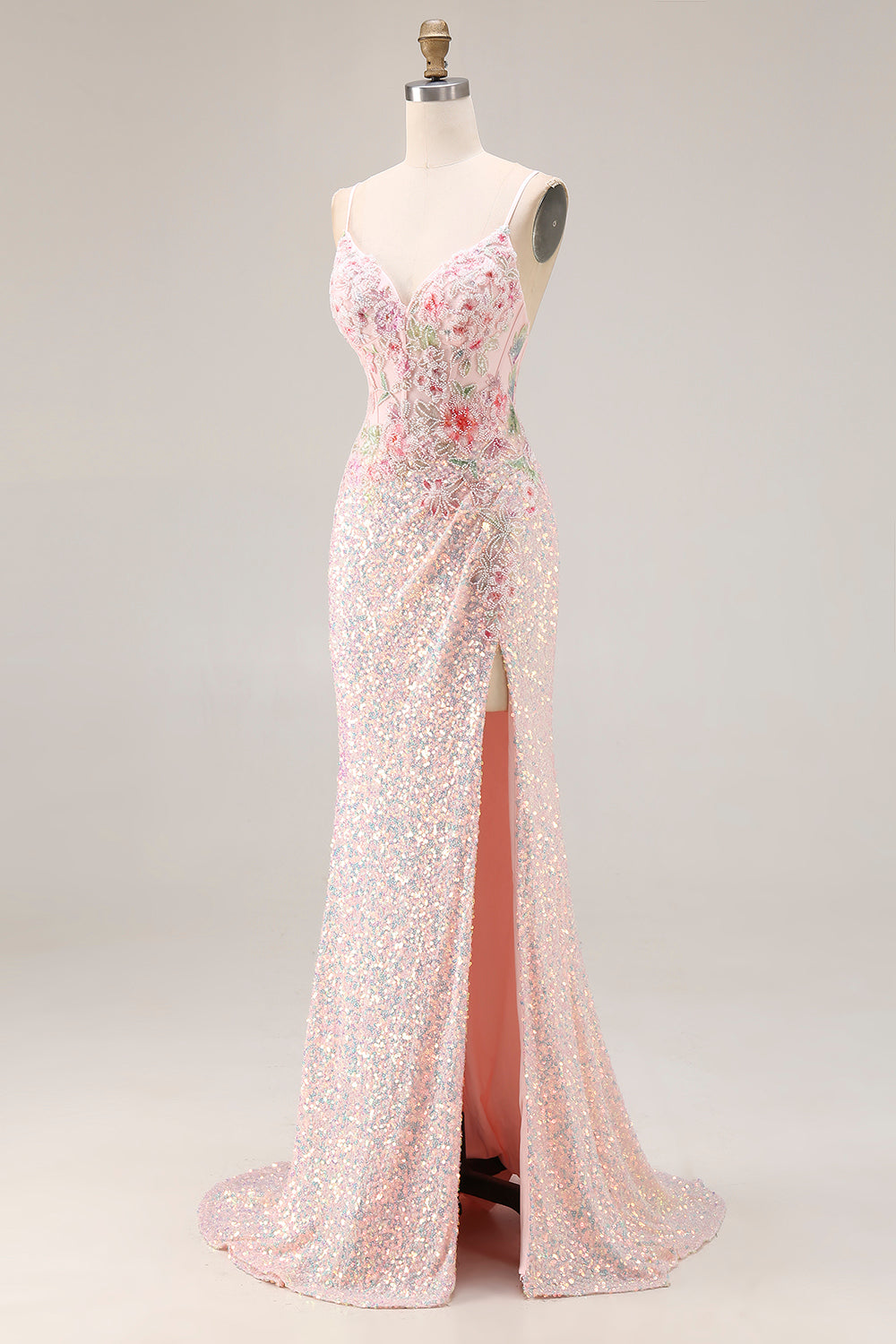 Sparkly Pink Floral Sequins Mermaid Spaghetti Straps Corset Long Prom Dress