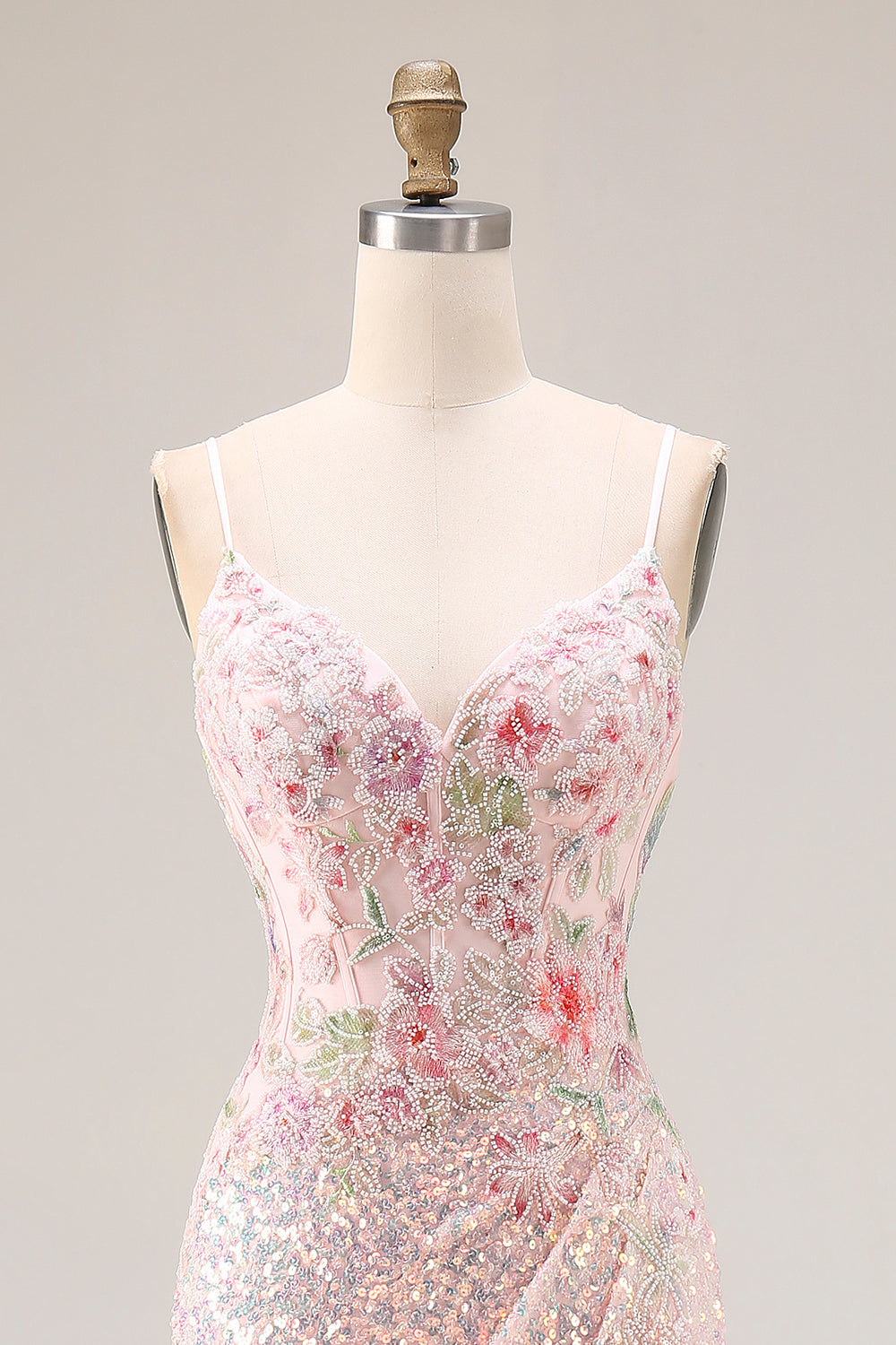 Sparkly Pink Floral Sequins Mermaid Spaghetti Straps Corset Long Prom Dress