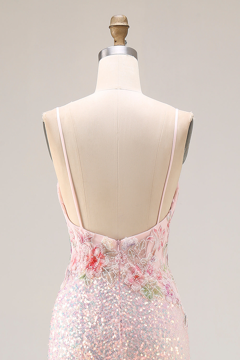 Sparkly Pink Floral Sequins Mermaid Spaghetti Straps Corset Long Prom Dress