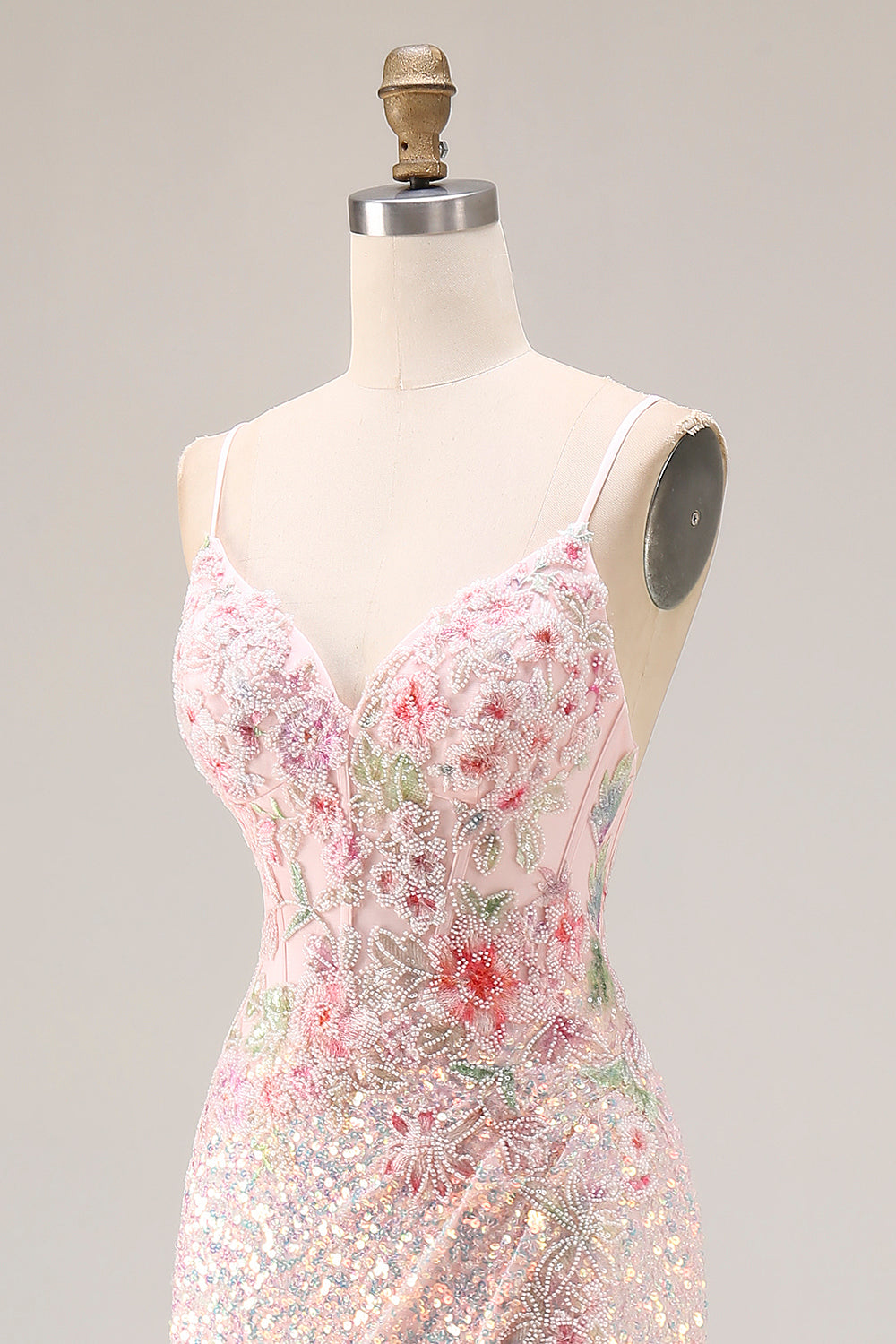 Sparkly Pink Floral Sequins Mermaid Spaghetti Straps Corset Long Prom Dress
