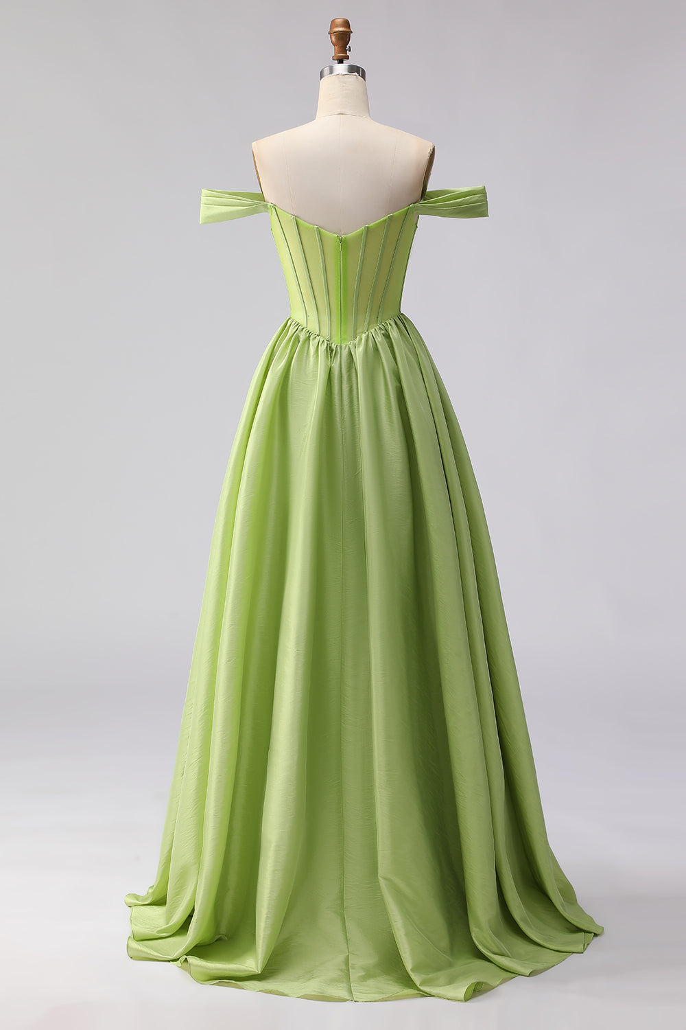 Green Off the Shoulder A Line Corset Long Prom Dress with Slit