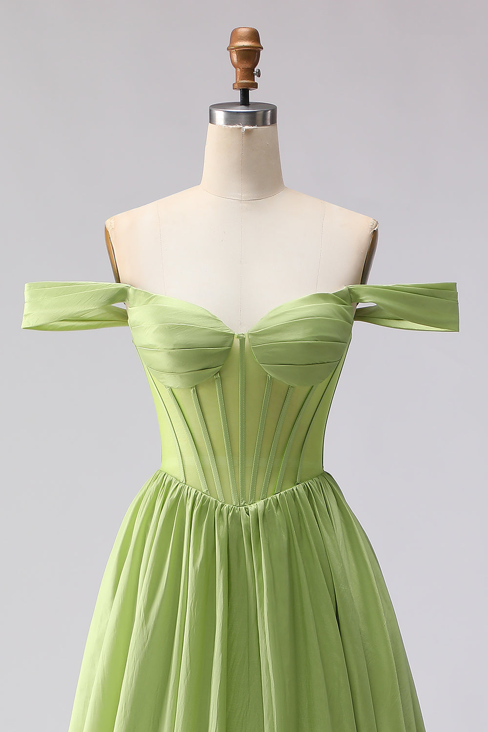 Green Off the Shoulder A Line Corset Long Prom Dress with Slit