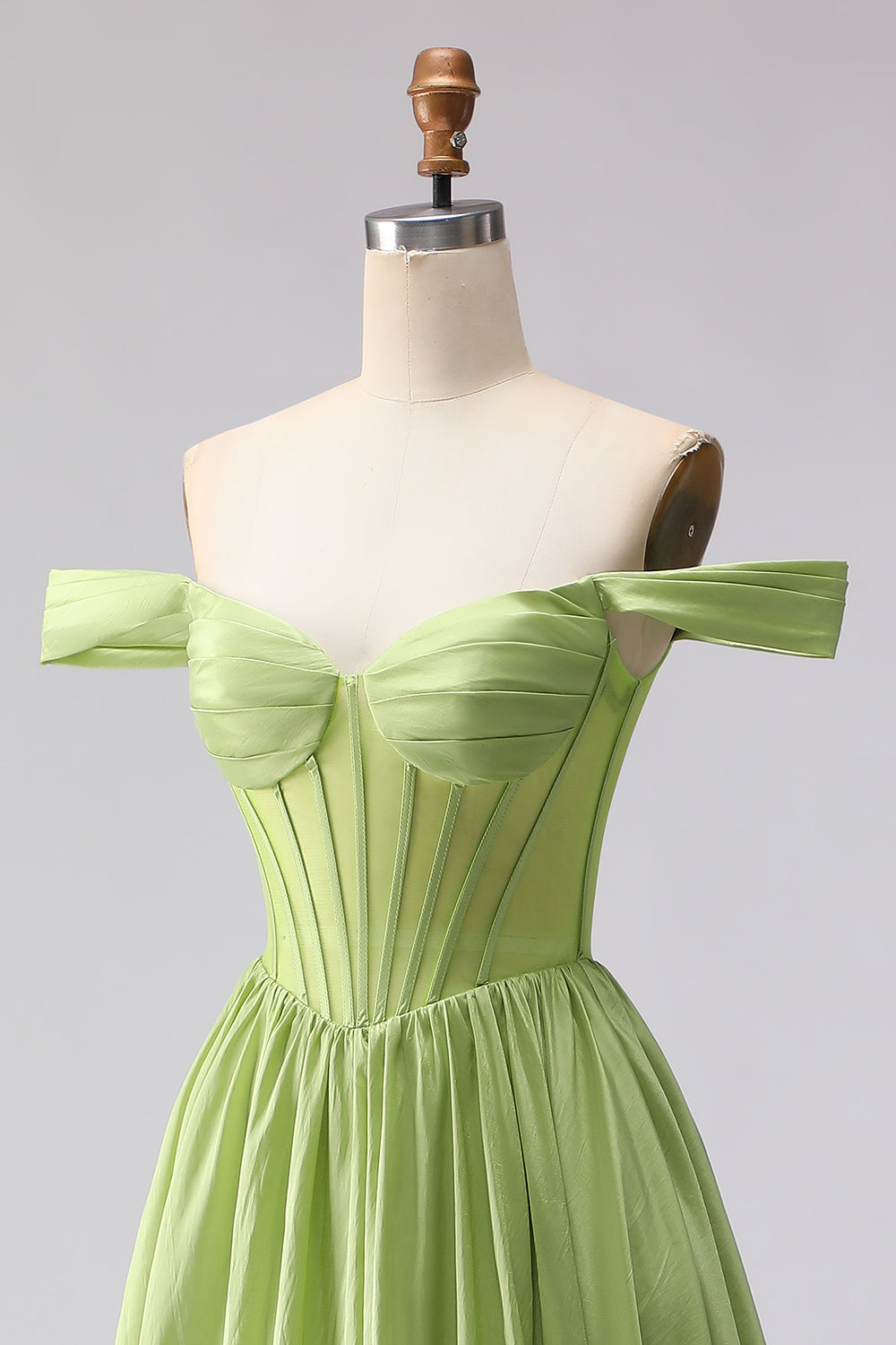 Green Off the Shoulder A Line Corset Long Prom Dress with Slit
