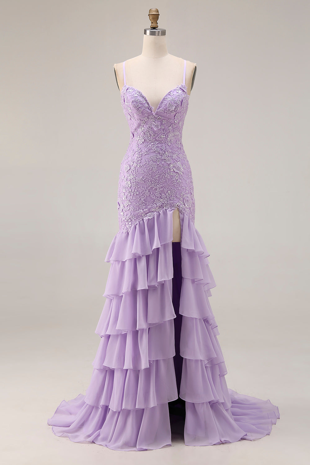 Floral Purple Ruffled Mermaid Spaghetti Straps Long Prom Dress
