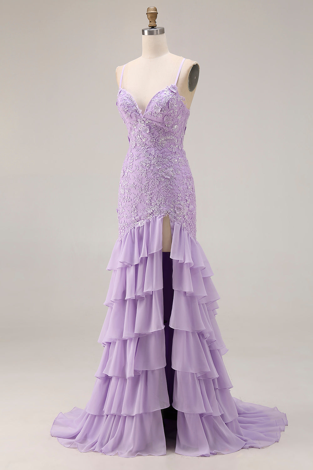 Floral Purple Ruffled Mermaid Spaghetti Straps Long Prom Dress