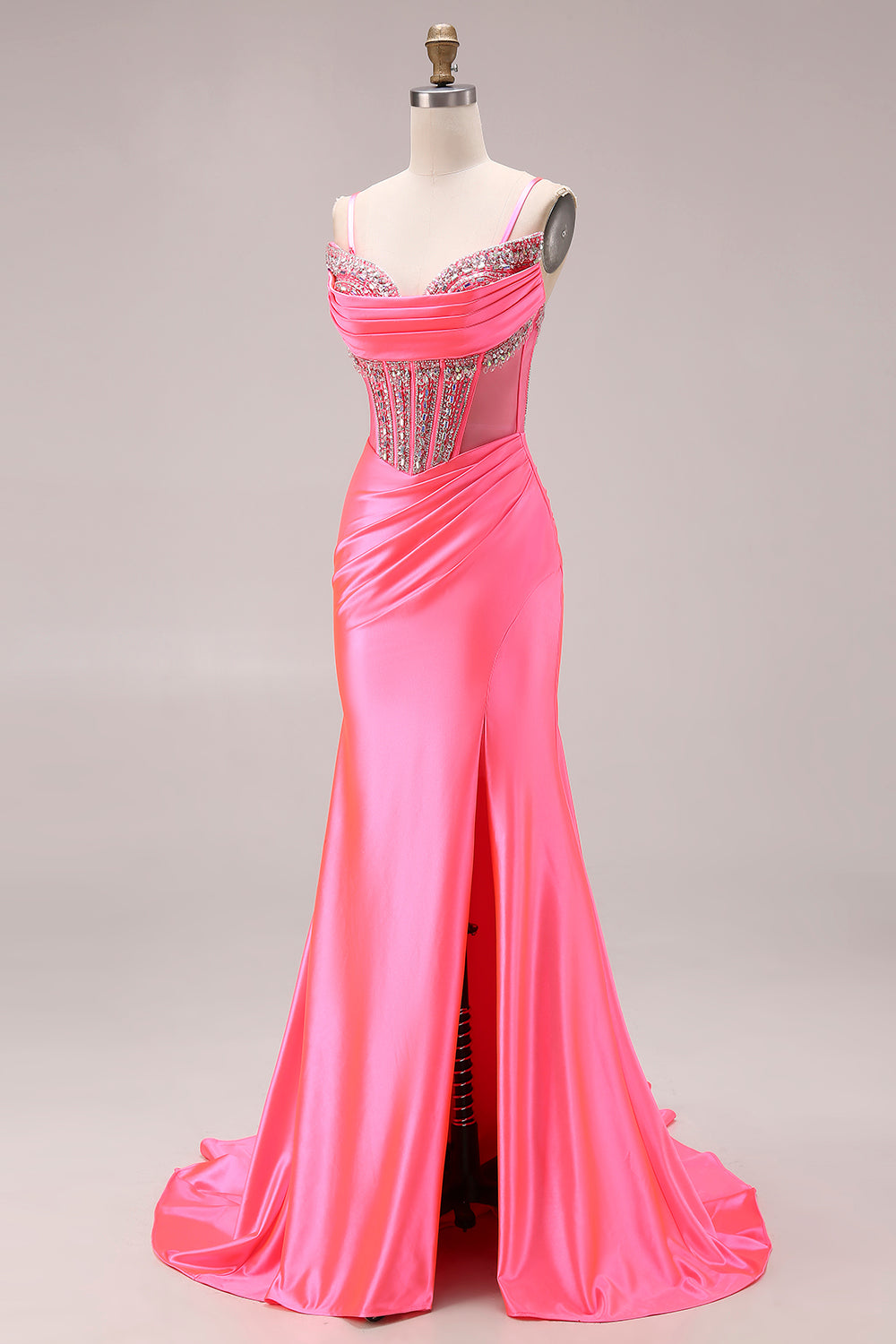 Sparkly Bright Pink Ruched Mermaid Corset Long Prom Dress with Slit