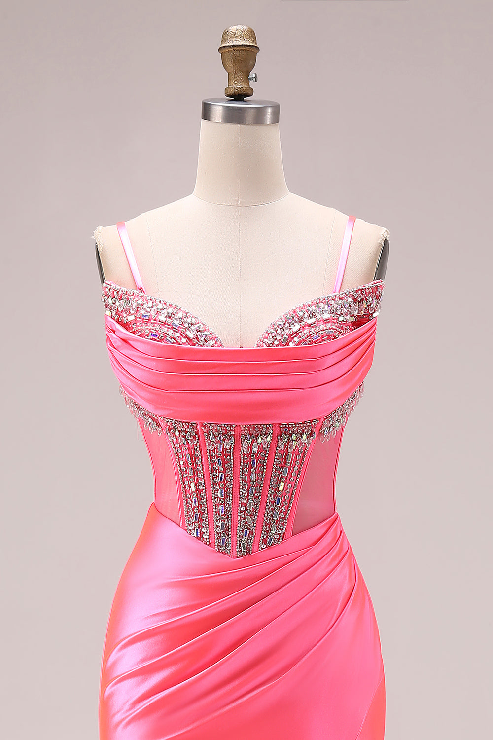 Sparkly Bright Pink Ruched Mermaid Corset Long Prom Dress with Slit