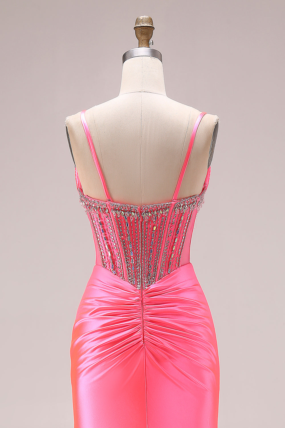 Sparkly Bright Pink Ruched Mermaid Corset Long Prom Dress with Slit