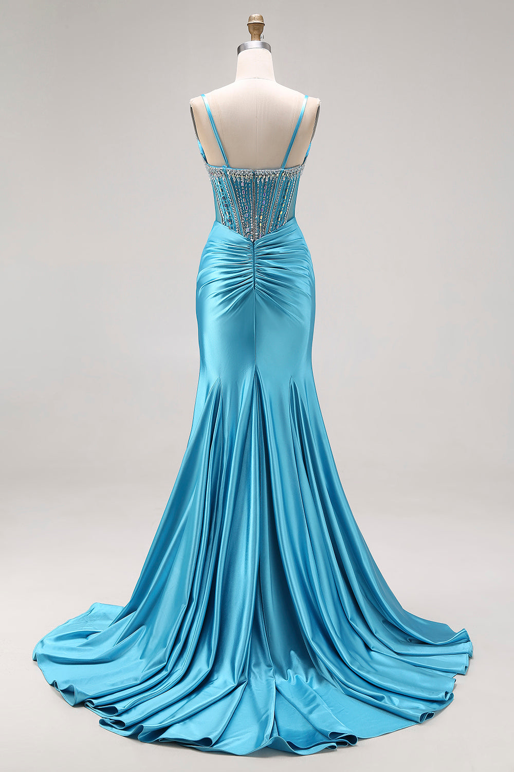 Sparkly Lake Blue Mermaid Beaded Corset Long Prom Dress with Slit