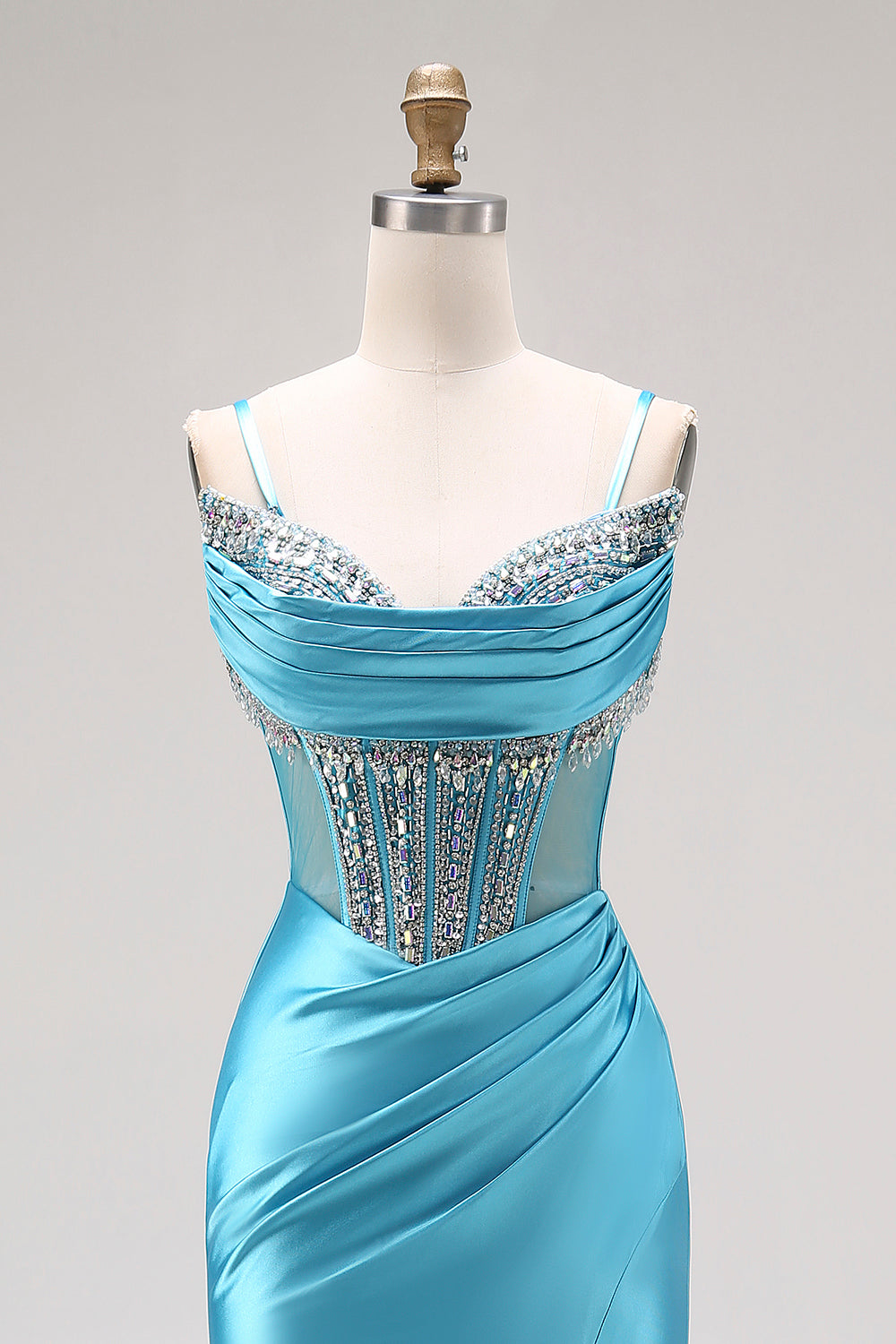 Sparkly Bright Pink Ruched Mermaid Corset Long Prom Dress with Slit