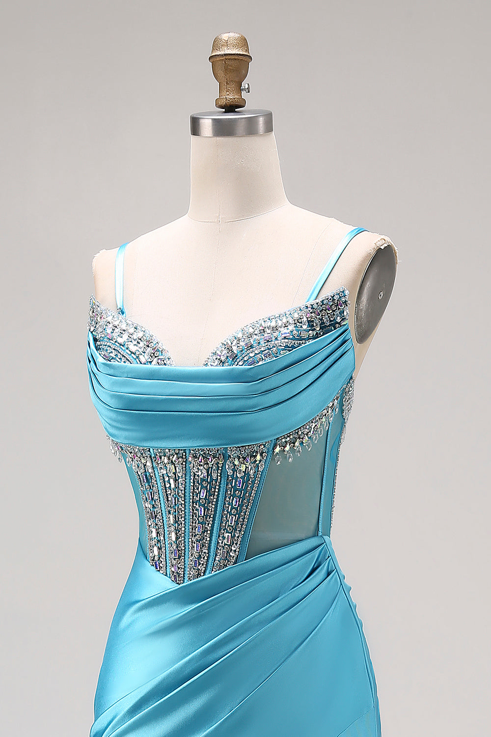 Sparkly Bright Pink Ruched Mermaid Corset Long Prom Dress with Slit