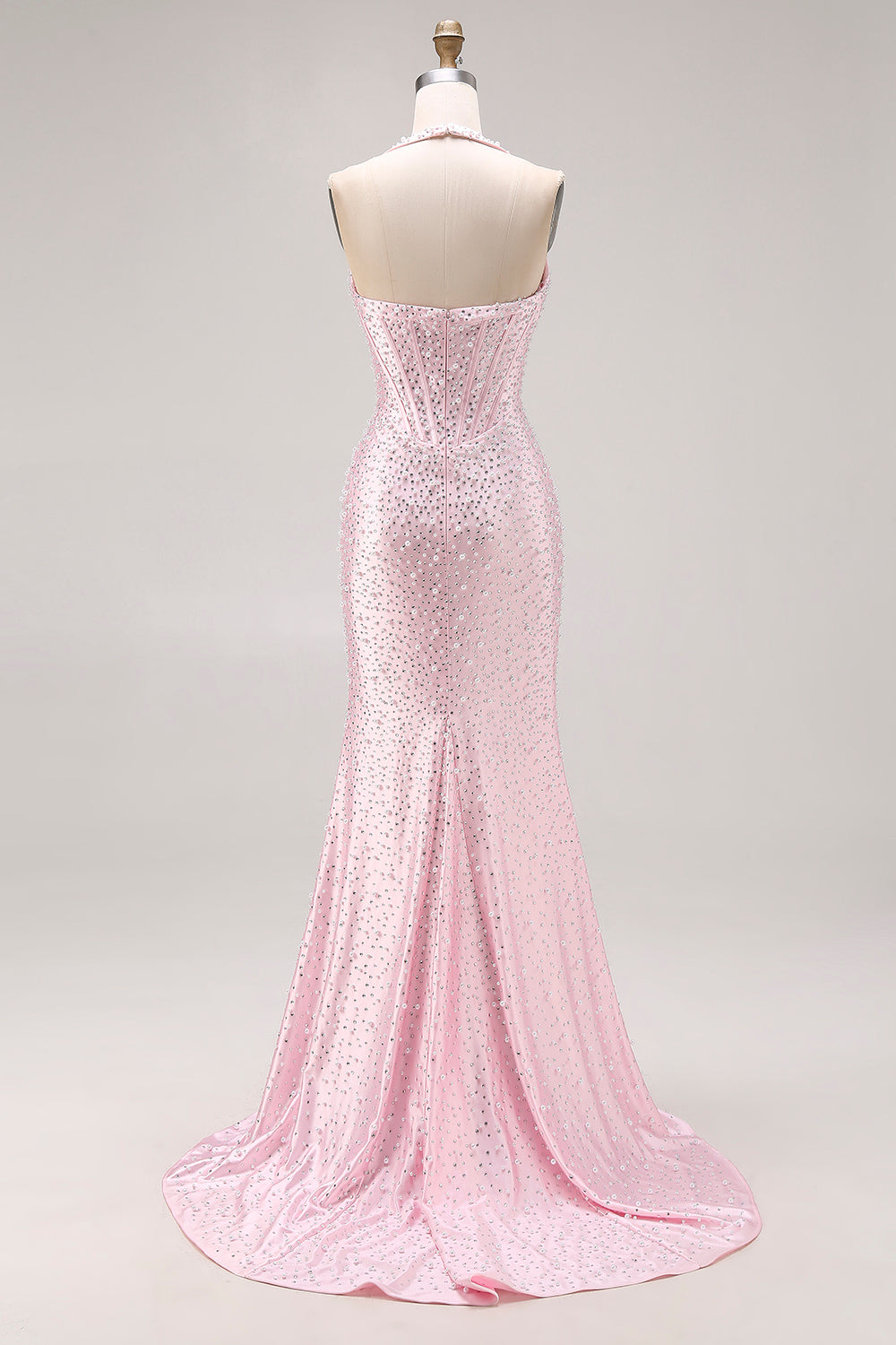 Sparkly Light Pink Halter Beaded Mermaid Long Corset Prom Dress