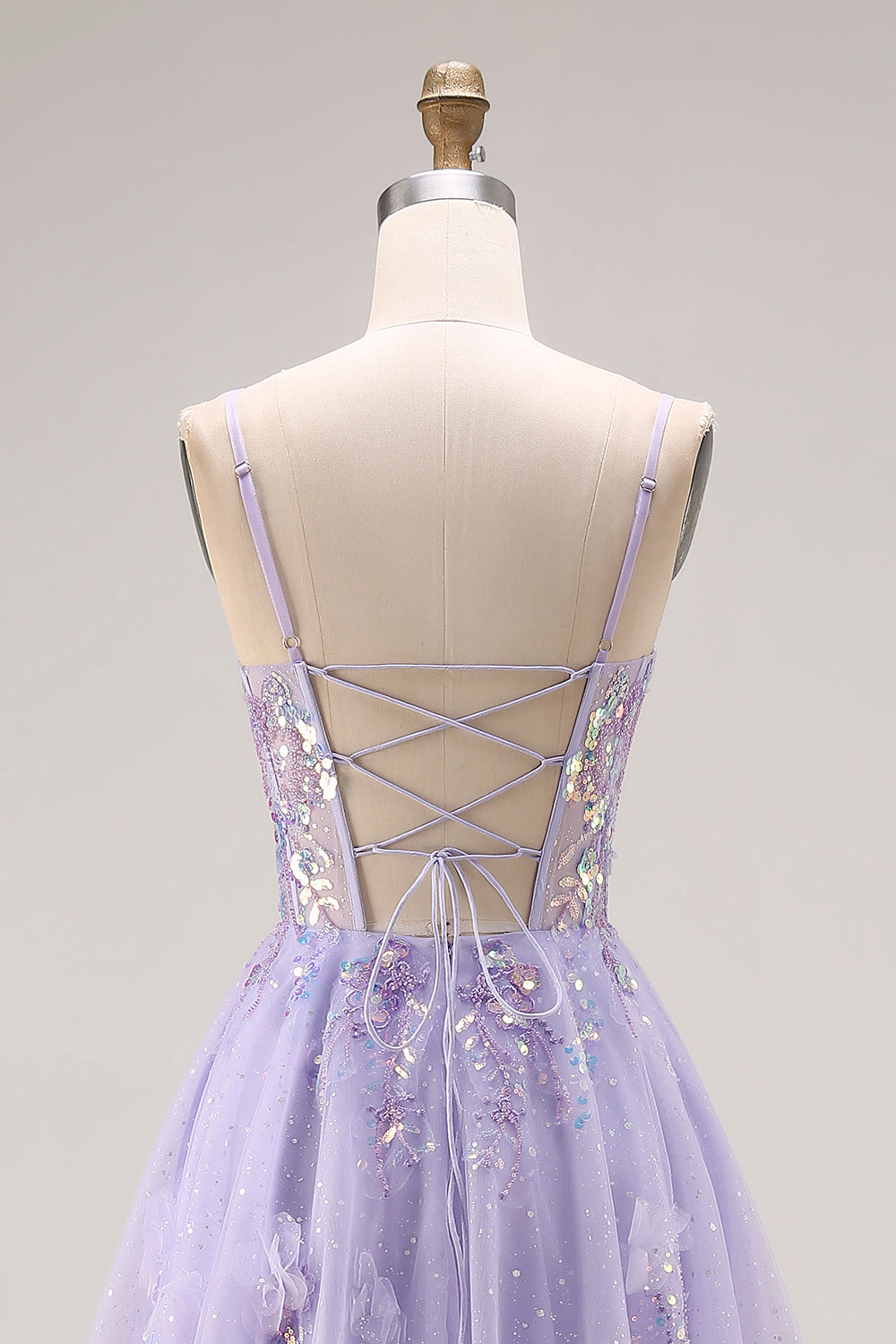 Sparkly Light Purple A Line Sequins Corset Long Prom Dress with Slit