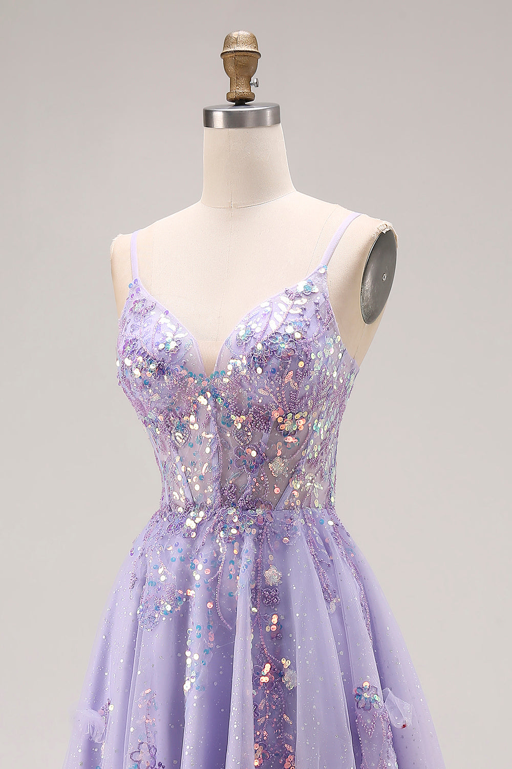 Sparkly Light Purple A Line Sequins Corset Long Prom Dress with Slit