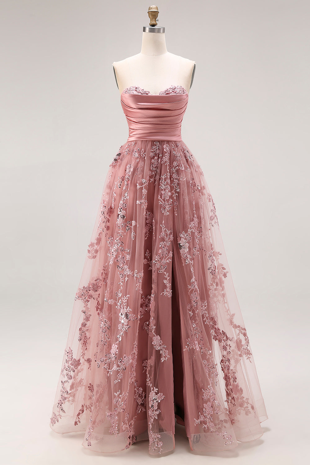 Sparkly Dusty Rose A Line Floral Sweetheart Long Prom Dress with Slit