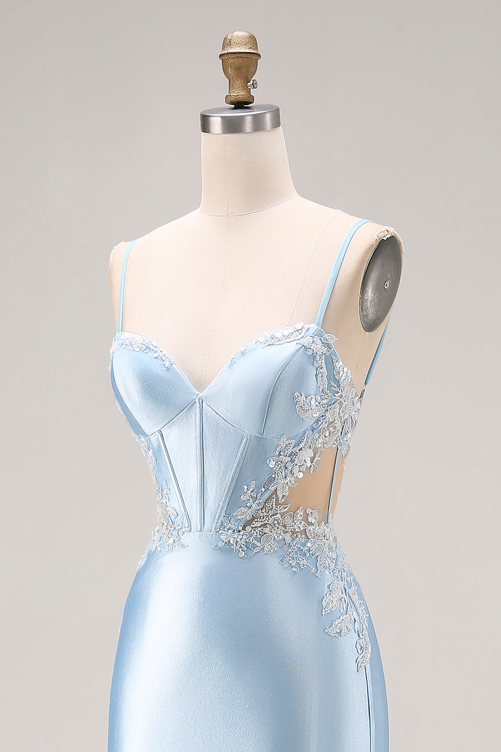 Sky Blue Mermaid Satin Cut Out Long Corset Prom Dress with Appliques
