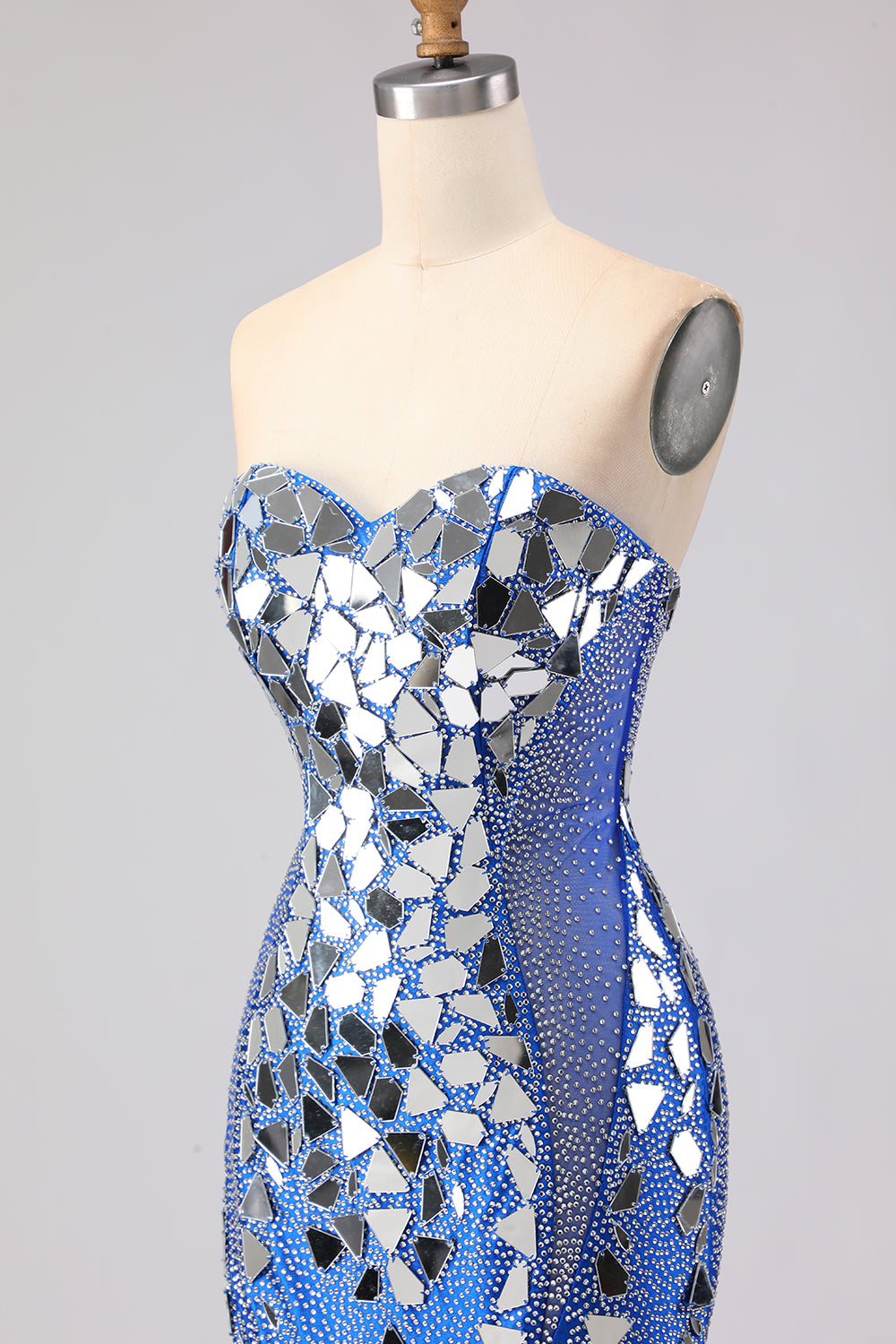 Sparkly Royal Blue Beaded Sweetheart Mirror Long Prom Dress with Slit