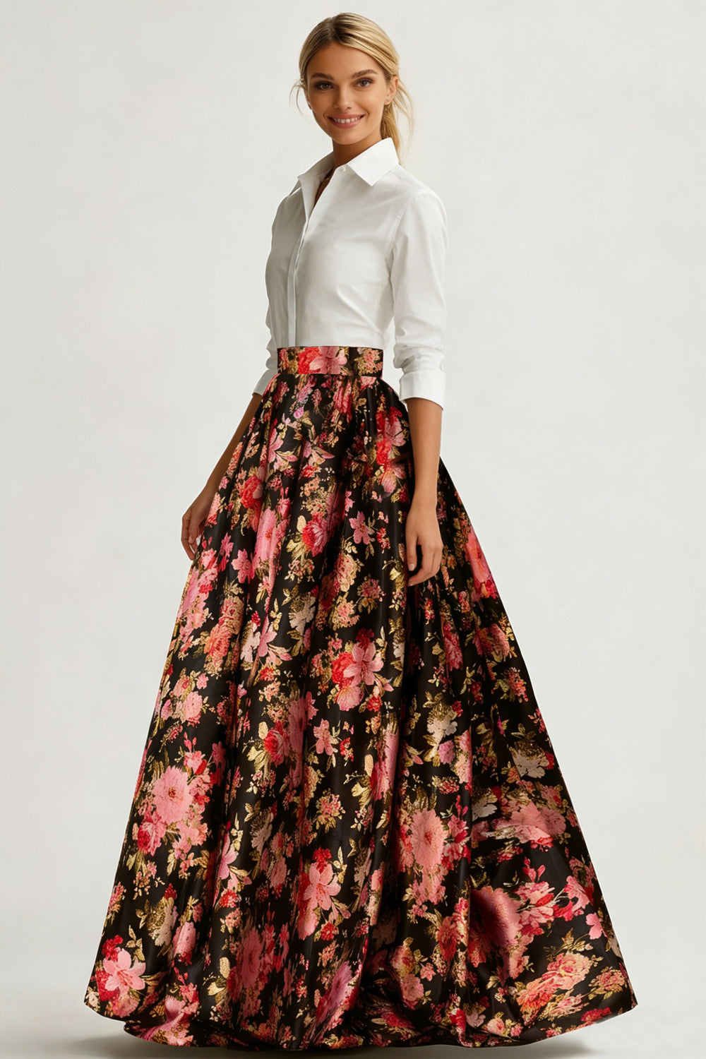 Black and White Pink Floral A Line Collar Neck Long Wedding Guest Dress with Sleeves