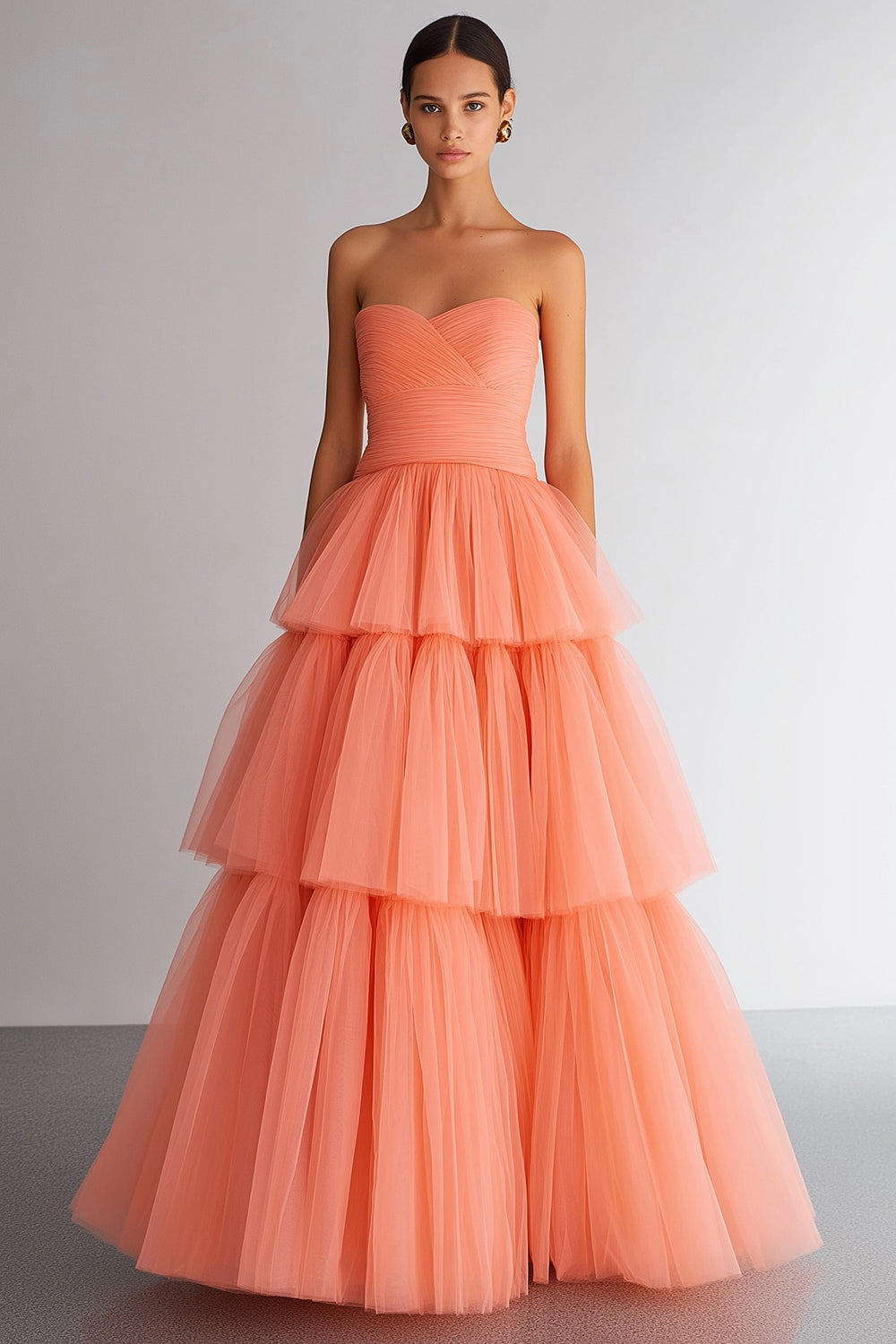 Light Orange Organza Strapless Tiered A Line Long Wedding Guest Dress