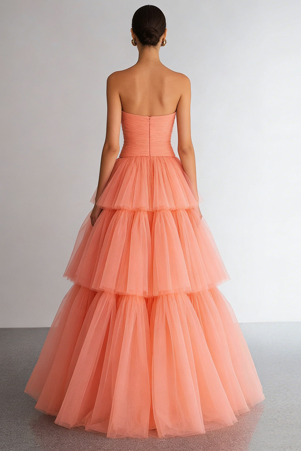 Light Orange Organza Strapless Tiered A Line Long Wedding Guest Dress