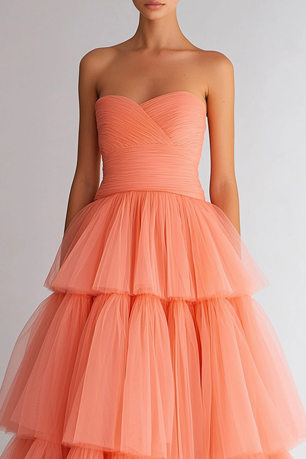Light Orange Organza Strapless Tiered A Line Long Wedding Guest Dress