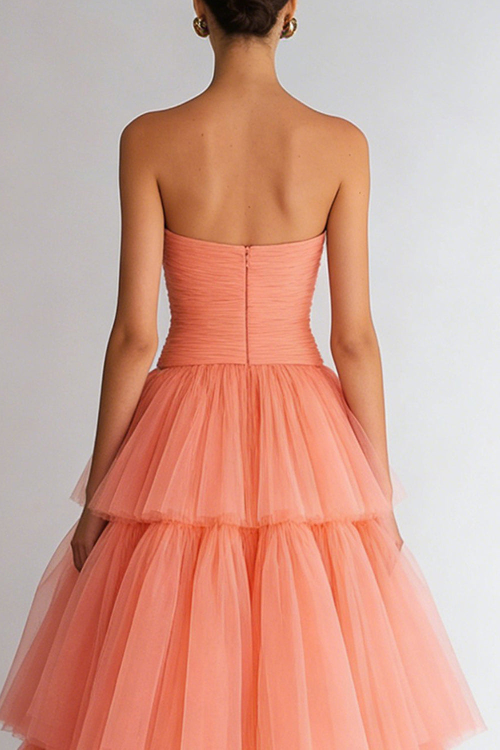 Light Orange Organza Strapless Tiered A Line Long Wedding Guest Dress