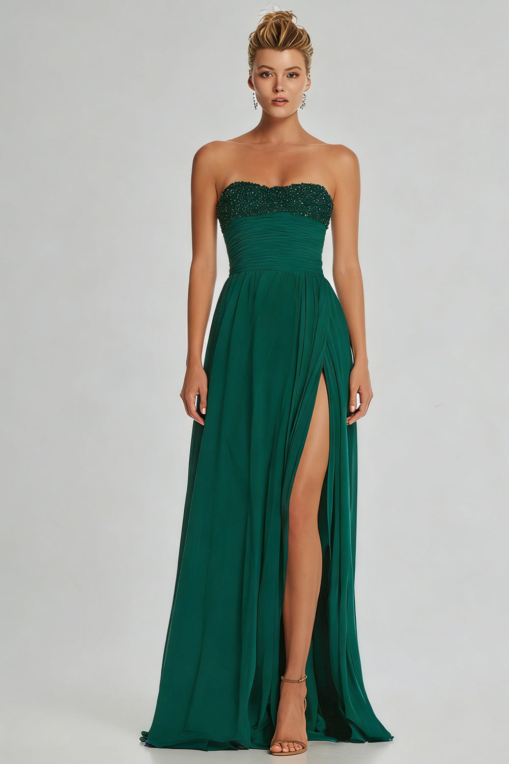 Simple Dark Green Sheath Strapless Beaded Long Wedding Guest Dress with Slit