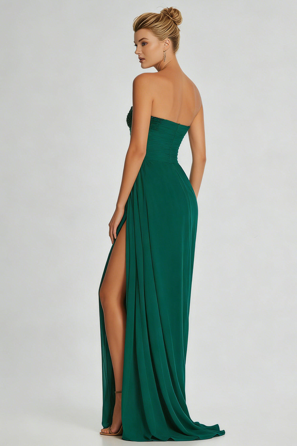 Simple Dark Green Sheath Strapless Beaded Long Wedding Guest Dress with Slit