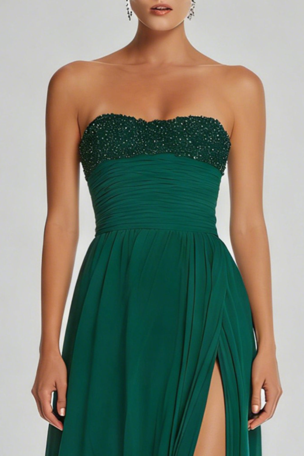 Simple Dark Green Sheath Strapless Beaded Long Wedding Guest Dress with Slit