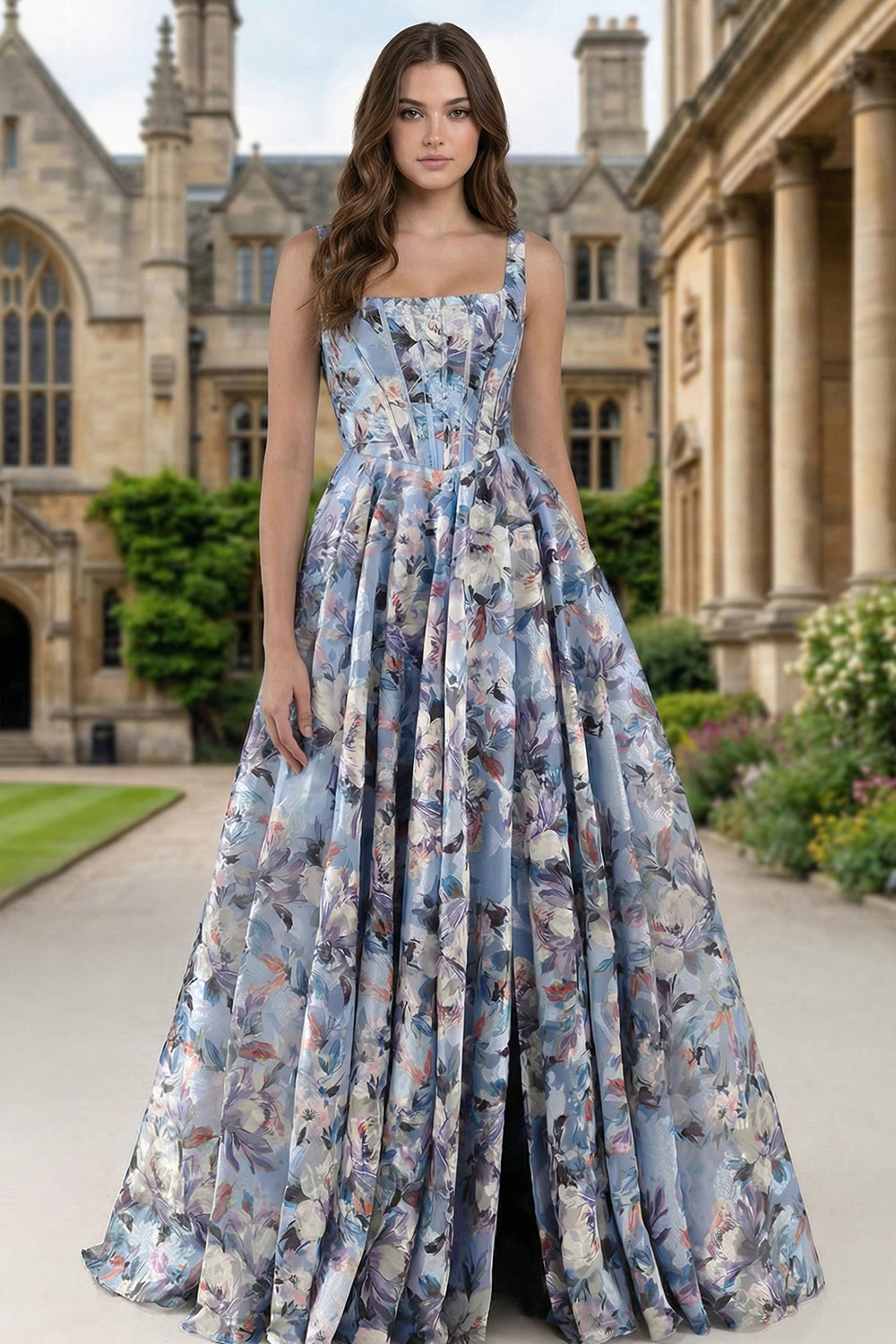 Floral Blue A Line Thick Straps Corset Long Wedding Guest Dress with Slit