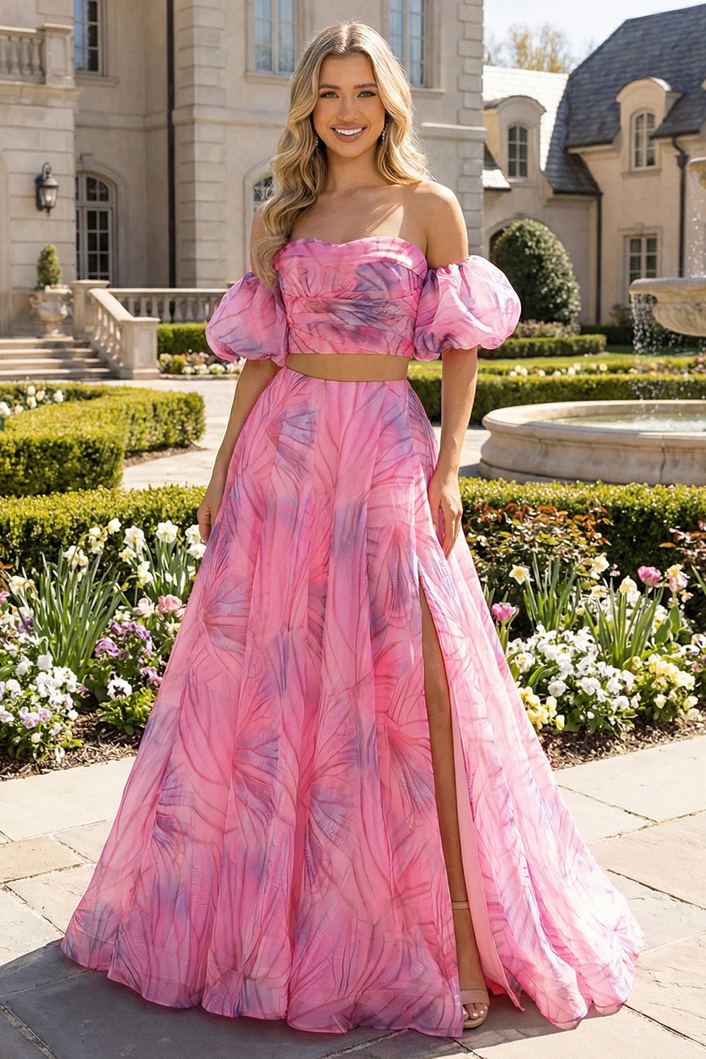 2 Piece Pink Floral A Line Off the Shoulder Long Wedding Guest Dress with Slit