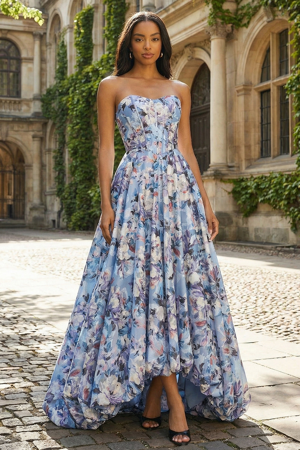 Blue Floral A Line Strapless Long Corset Wedding Guest Dress