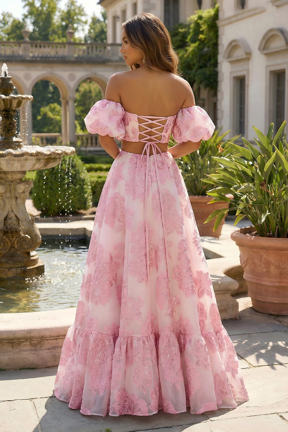Floral Pink 2 Piece A Line Off the Shoulder Long Wedding Guest Dress