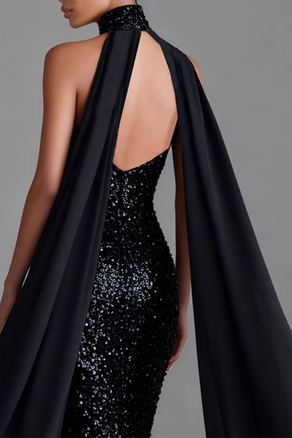 Sparkly Black Sequin Mermaid High Neck Long Wedding Guest Dress with Cape