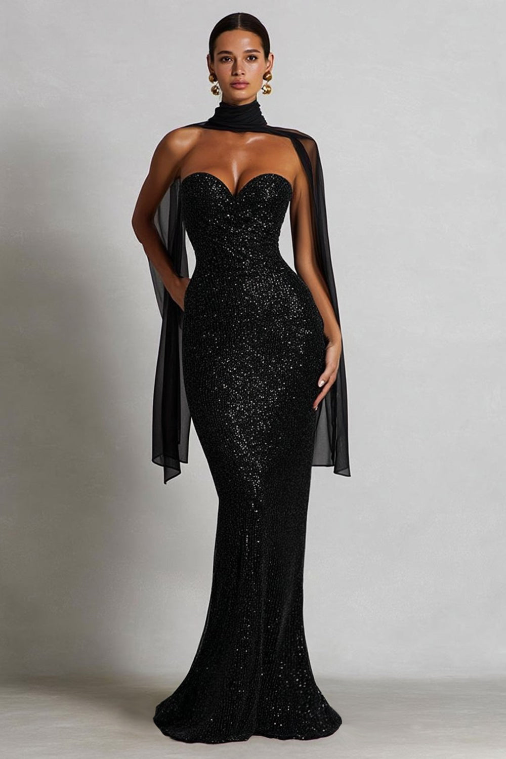 Sparkly Black Sequin Neck Scarf Sweetheart Long Mermaid Wedding Guest Dress